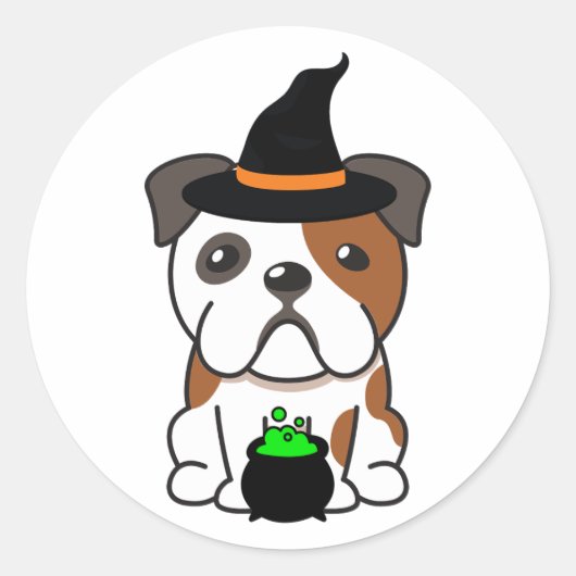 Grappige bulldog is een heks ronde sticker (Voorkant)