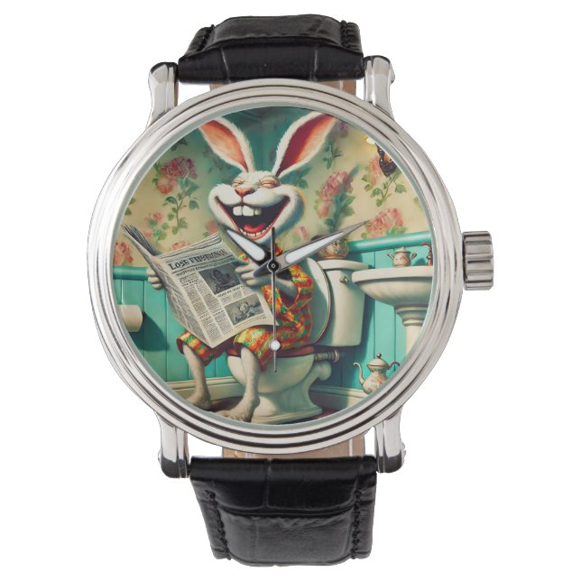 Grappige Bunny op Toilet Badkamer Art Horloge (Voorkant)