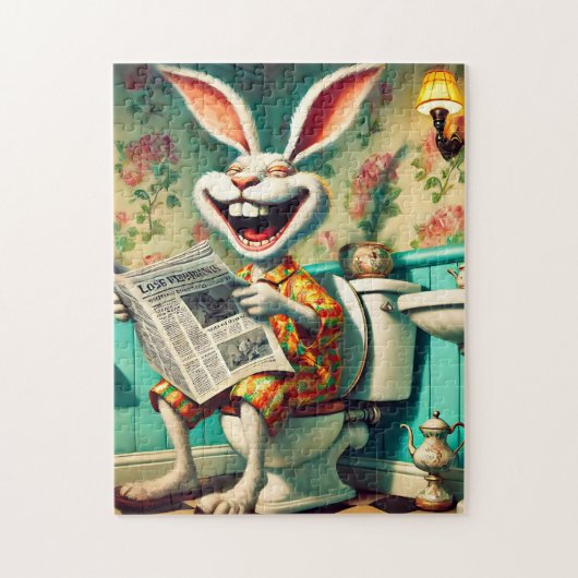 Grappige Bunny op Toilet Badkamer Art Legpuzzel (Verticaal)