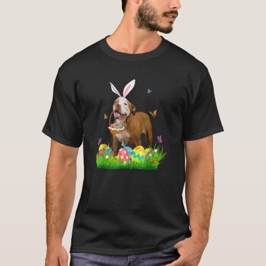 Grappige Bunny Pit Bull Met Eiermand Easter Bloem T-shirt (Voorkant)