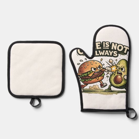 Grappige Burger vs Avocado Ovenwant & Pannenlap Set (Voorkant)