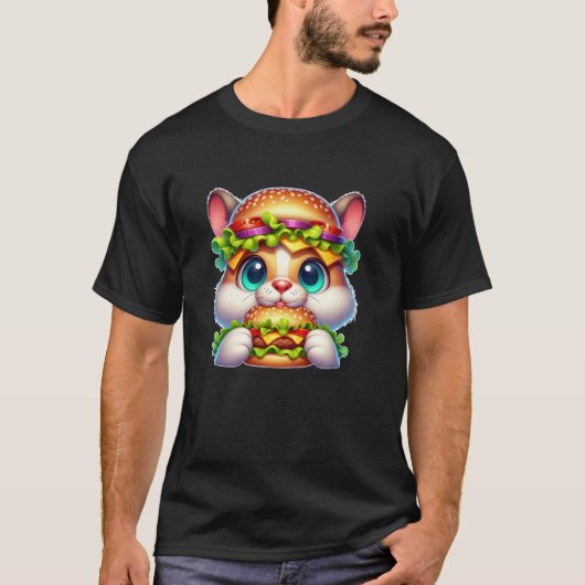 Grappige Burgerkat met Cheeseburger Hoed T-shirt (Voorkant)