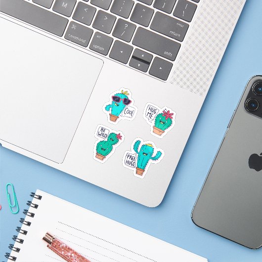 Grappige cactus sticker set (Laptop met iPhone)