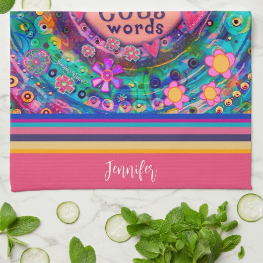 Grappige Cafeïne Chaos Cuss Woorden Bloemen Streep Theedoek (Gevouwen)