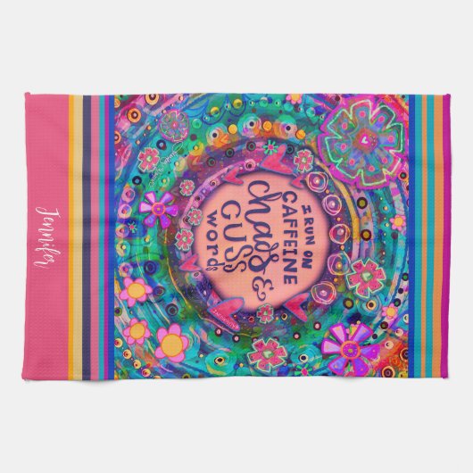 Grappige Cafeïne Chaos Cuss Woorden Bloemen Streep Theedoek (Horizontaal)