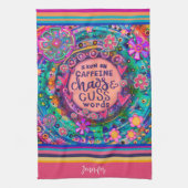 Grappige Cafeïne Chaos Cuss Woorden Bloemen Streep Theedoek (Verticaal)