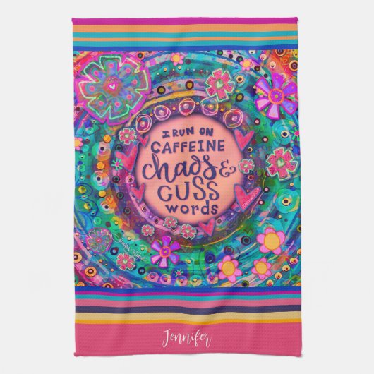 Grappige Cafeïne Chaos Cuss Woorden Bloemen Streep Theedoek (Verticaal)
