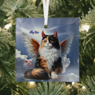 Grappige Calico Demon en Angel Cat Glas Ornament