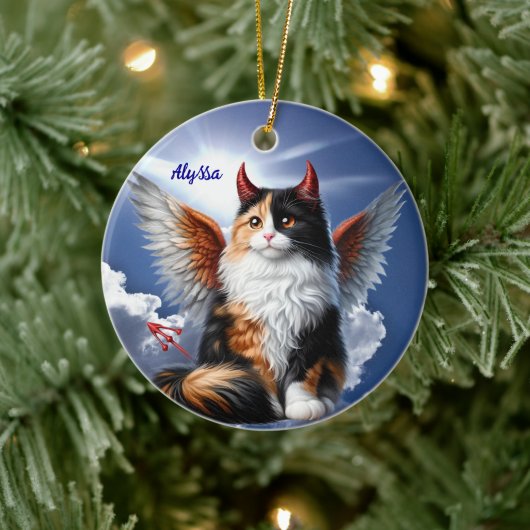 Grappige Calico Demon en Angel Cat Keramisch Ornament (Boom)