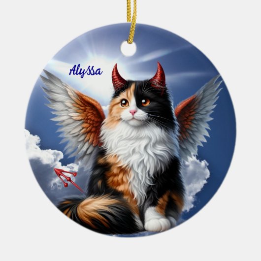 Grappige Calico Demon en Angel Cat Keramisch Ornament (Voorkant)