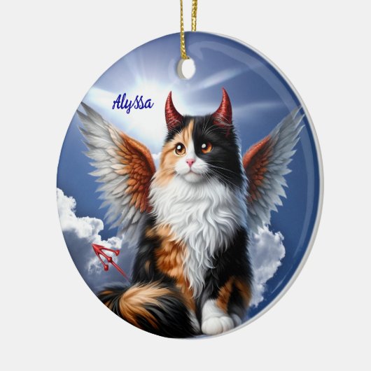 Grappige Calico Demon en Angel Cat Keramisch Ornament (Links)