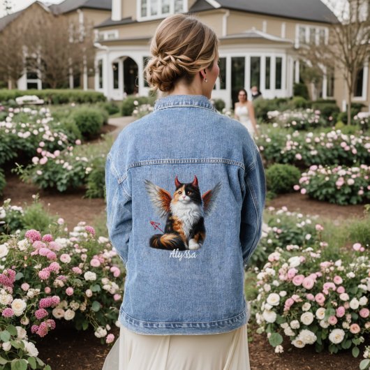 Grappige Calico Duivel en Engel Kat Denim Jacket (Huwelijk Achterkant)