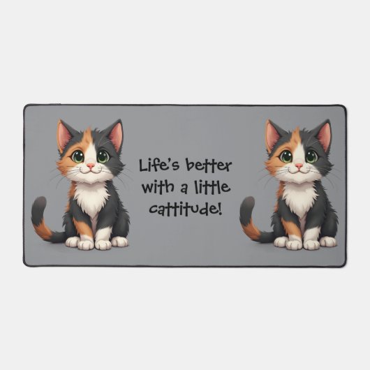 Grappige Calico Kitten met Cattitude Bureaumat (Voorkant)