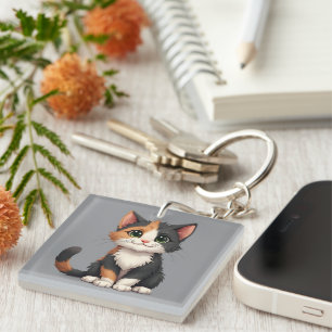 Grappige Calico Kitten met Cattitude Sleutelhanger