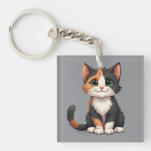 Grappige Calico Kitten met Cattitude Sleutelhanger (Voorkant)
