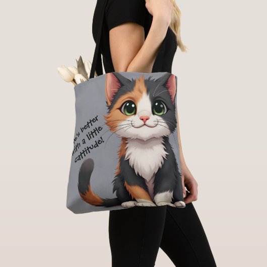 Grappige Calico Kitten met Cattitude Tote Bag (Dichtbij)