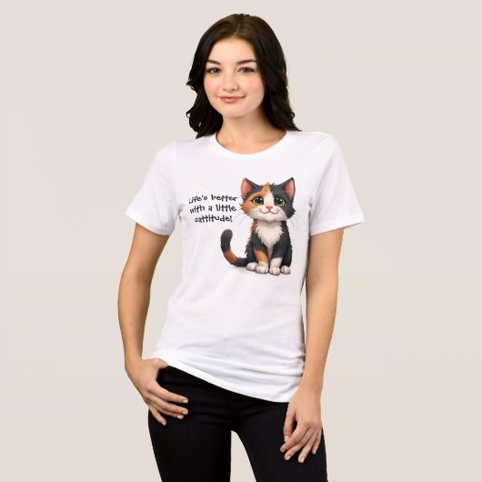 Grappige Calico Kitten met Cattitude Tri-Blend Shirt (Voorkant volledig)