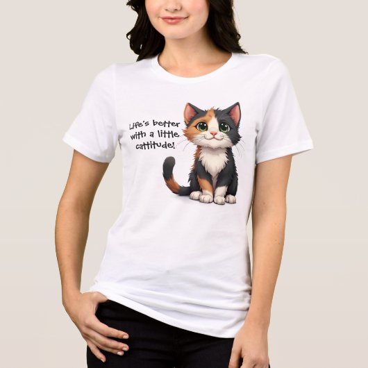 Grappige Calico Kitten met Cattitude Tri-Blend Shirt (Voorkant)