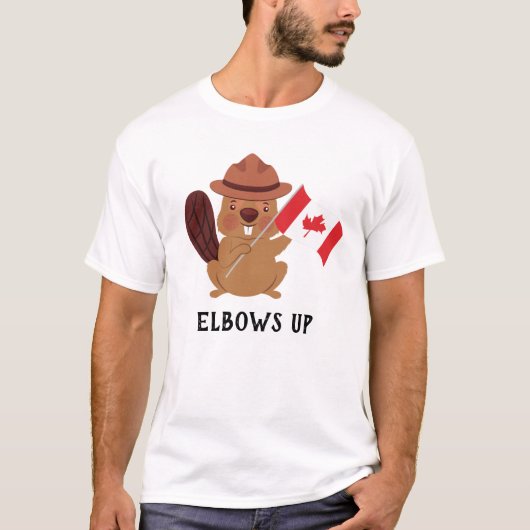 Grappige Canadese Bever "Elbows Up" Patriottisch T-shirt (Voorkant)