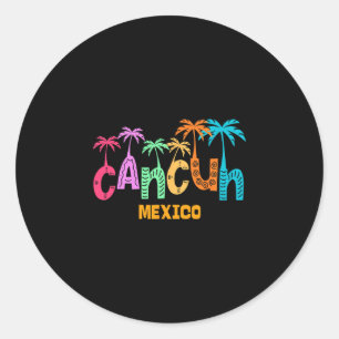 Grappige Cancun Mexico Palmboom Kleurrijke Typogra Ronde Sticker