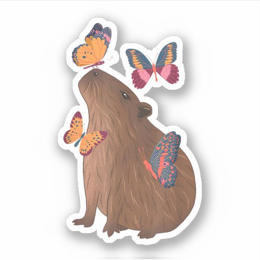 Grappige Capybara met Vlinder – Knagend Dier is Cu Sticker (Voorkant)