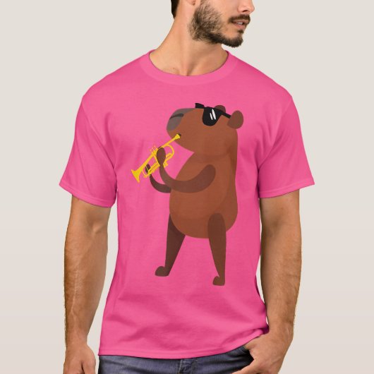 Grappige Capybara met zonnebril op trompet T-shirt (Voorkant)