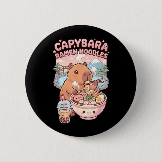 Grappige Capybara Noodle Ramen Kawaii Capybara Eet Ronde Button 5,7 Cm (Voorkant)