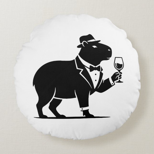 Grappige Capybara Wijn Glas Minimalistische Modern Rond Kussen (Voorkant)