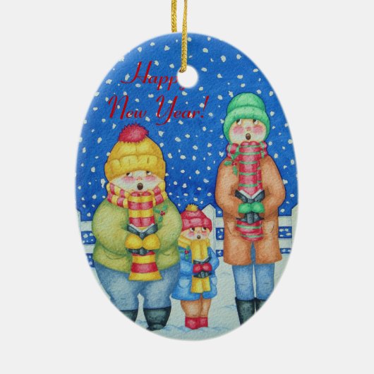 grappige carolzangers in het snow - kerstontwerp keramisch ornament (Achterkant)