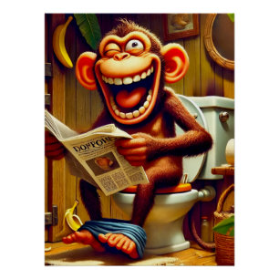 Grappige Cartoon aap op de wc Perfect Poster