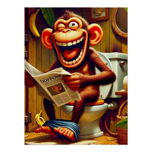 Grappige Cartoon aap op de wc Perfect Poster (Voorkant)