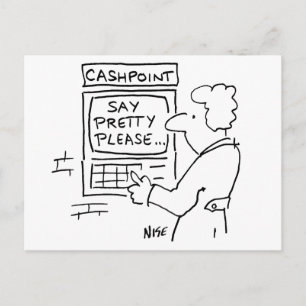 Grappige Cartoon Bank Geldautomaat Zegt Alsjeblief Briefkaart