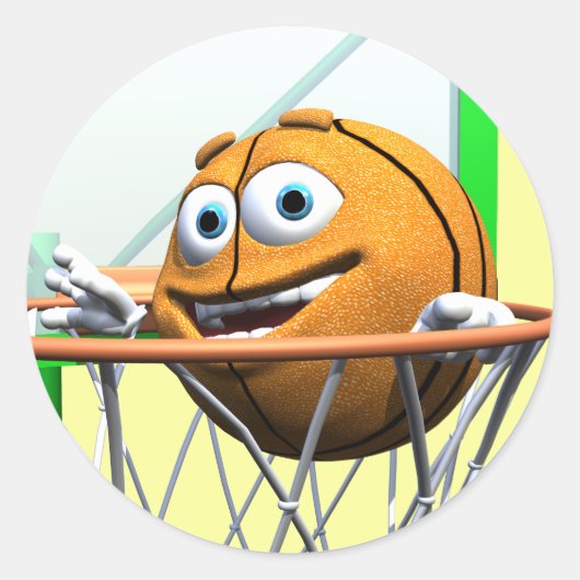 Grappige Cartoon Basketbal in een Hoop Ronde Sticker (Voorkant)
