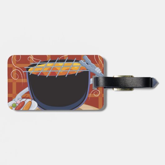 Grappige Cartoon BBQ Grill met Tangen en Spiesjes Bagagelabel (Achterkant horizontaal)