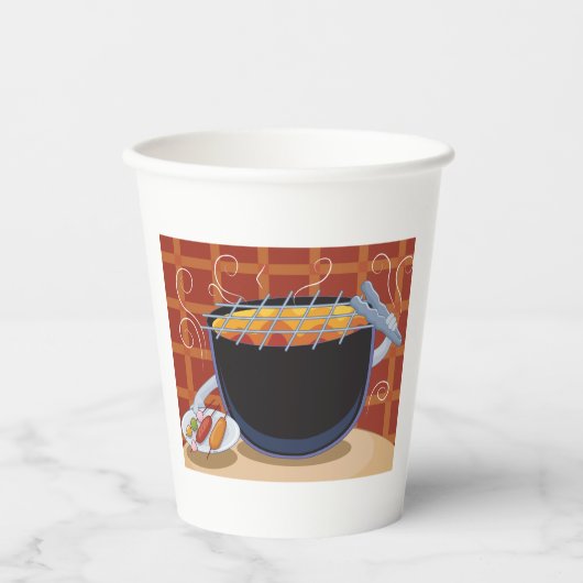 Grappige Cartoon BBQ Grill met Tangen en Spiesjes Papieren Bekers (Voorkant)