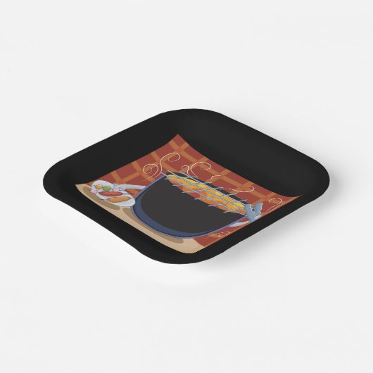 Grappige Cartoon BBQ Grill met Tangen en Spiesjes Papieren Bordje (Gebogen)