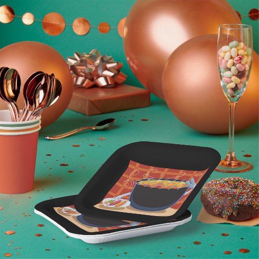 Grappige Cartoon BBQ Grill met Tangen en Spiesjes Papieren Bordje