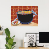 Grappige Cartoon BBQ Grill met Tangen en Spiesjes Poster (Thuiskantoor)