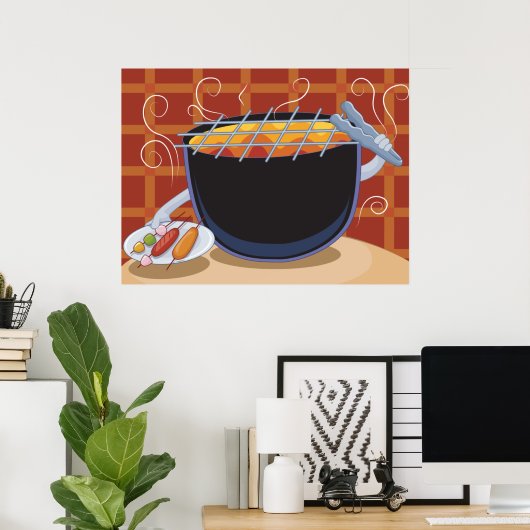 Grappige Cartoon BBQ Grill met Tangen en Spiesjes Poster (Thuiskantoor)