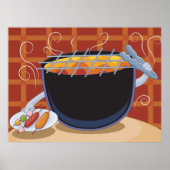 Grappige Cartoon BBQ Grill met Tangen en Spiesjes Poster (Voorkant)