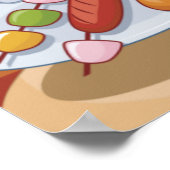 Grappige Cartoon BBQ Grill met Tangen en Spiesjes Poster (Hoek)