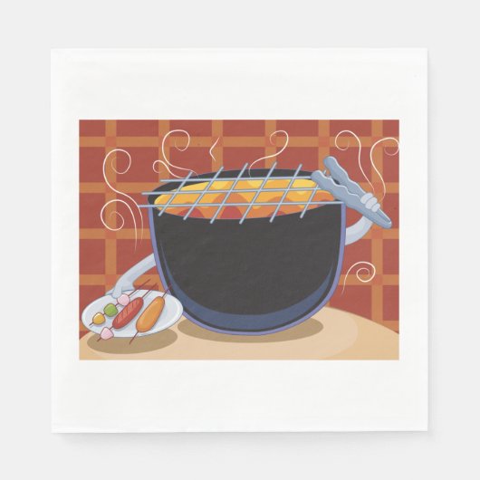 Grappige Cartoon BBQ Grill met Tangen en Spiesjes Servet (Voorkant)