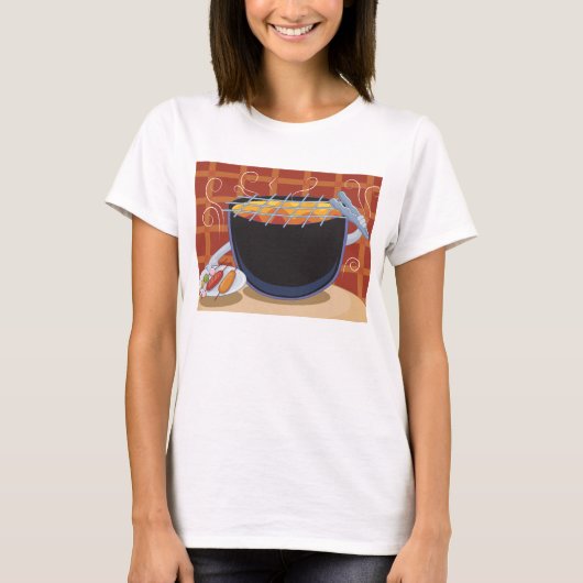 Grappige Cartoon BBQ Grill met Tangen en Spiesjes T-shirt (Voorkant)