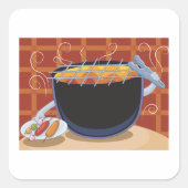 Grappige Cartoon BBQ Grill met Tangen en Spiesjes Vierkante Sticker (Voorkant)