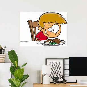 Grappige Cartoon Boy enthousiast voor het diner Poster