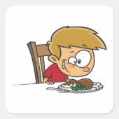 Grappige Cartoon Boy enthousiast voor het diner Vierkante Sticker (Voorkant)