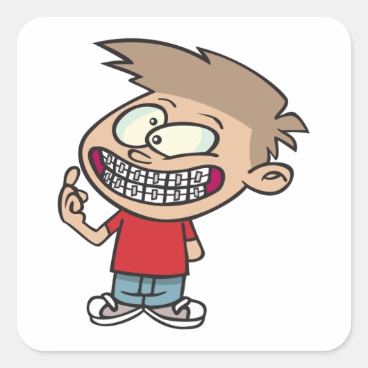 Grappige Cartoon Boy met Braces Smile Vierkante Sticker (Voorkant)