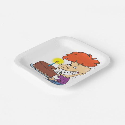 Grappige Cartoon Boy met Chocolade Verjaardagstaar Papieren Bordje (Gebogen)