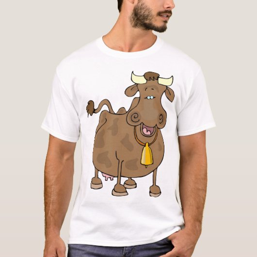 Grappige Cartoon Bruine Koe met Bell Boerderij Ani T-shirt (Voorkant)