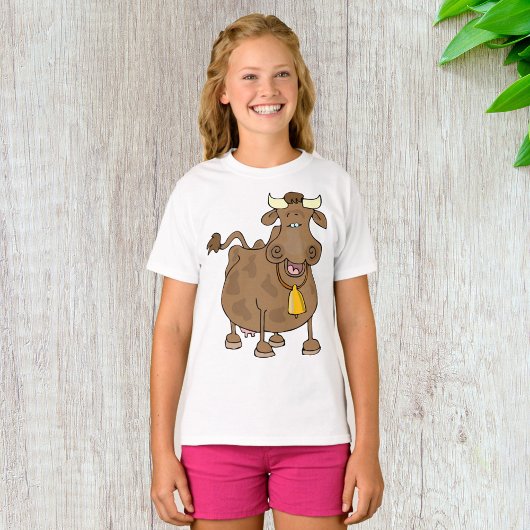 Grappige Cartoon Bruine Koe met Bell Boerderij Ani T-shirt